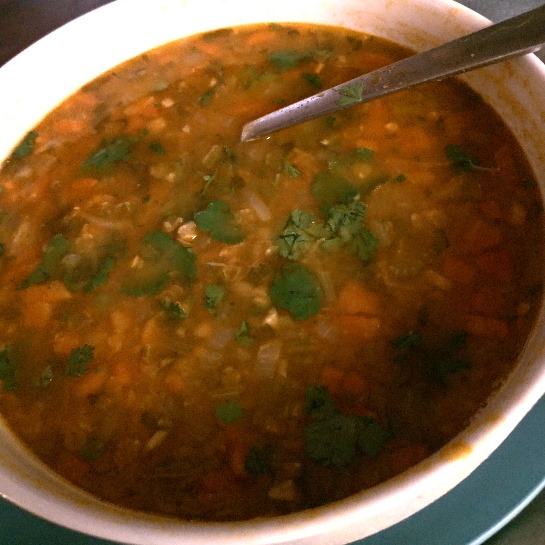 Coral lentil soup with tomatoes, lentils and cilantro