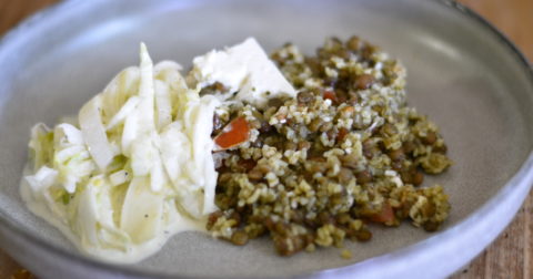 tabouleh and green lentil with feta and endive salads