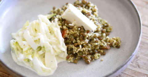tabouleh and green lentil with feta and endive salads