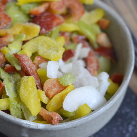 tri color bell peppers and onions
